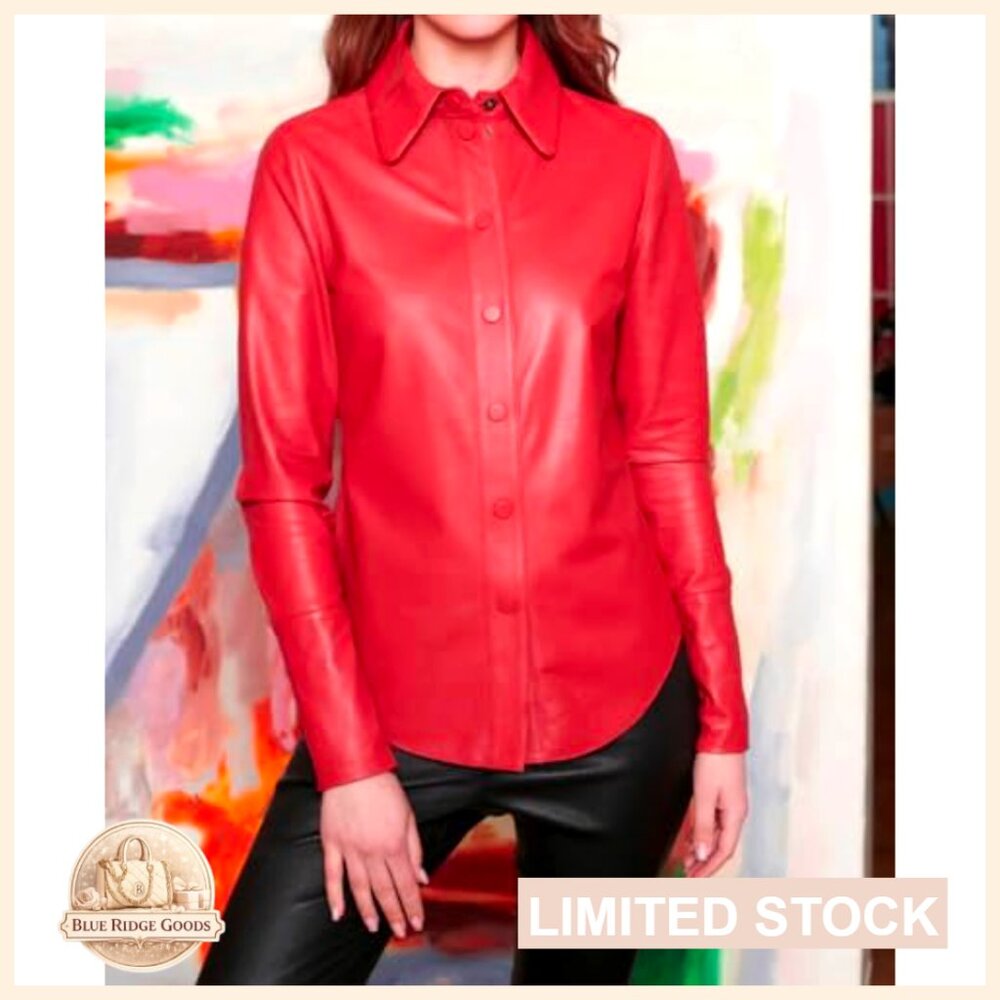 Lambskin Leather Shacket Snap Button Long Sleeve … - image 2